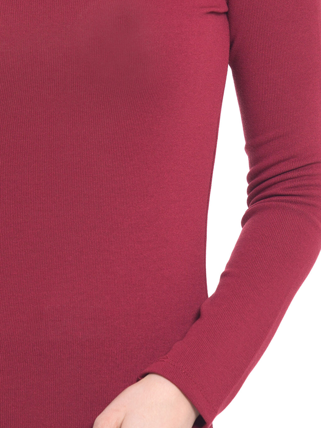 Bordo Dik Yaka Düz Uzun Kollu Kadın Tişört-3