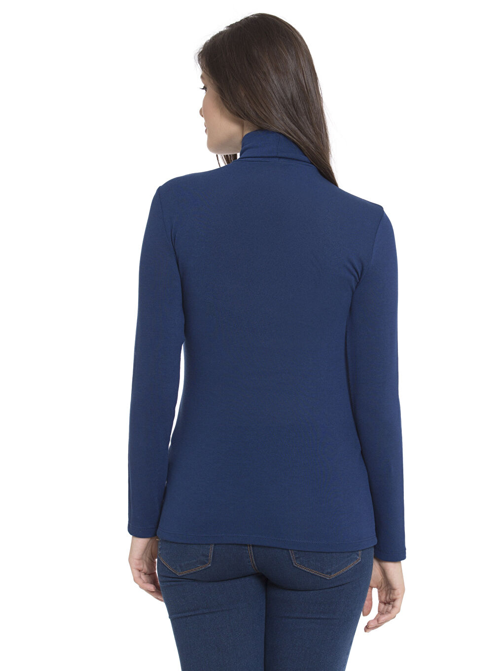 Lacivert Dik Yaka Düz Uzun Kollu Kadın Tişört-1