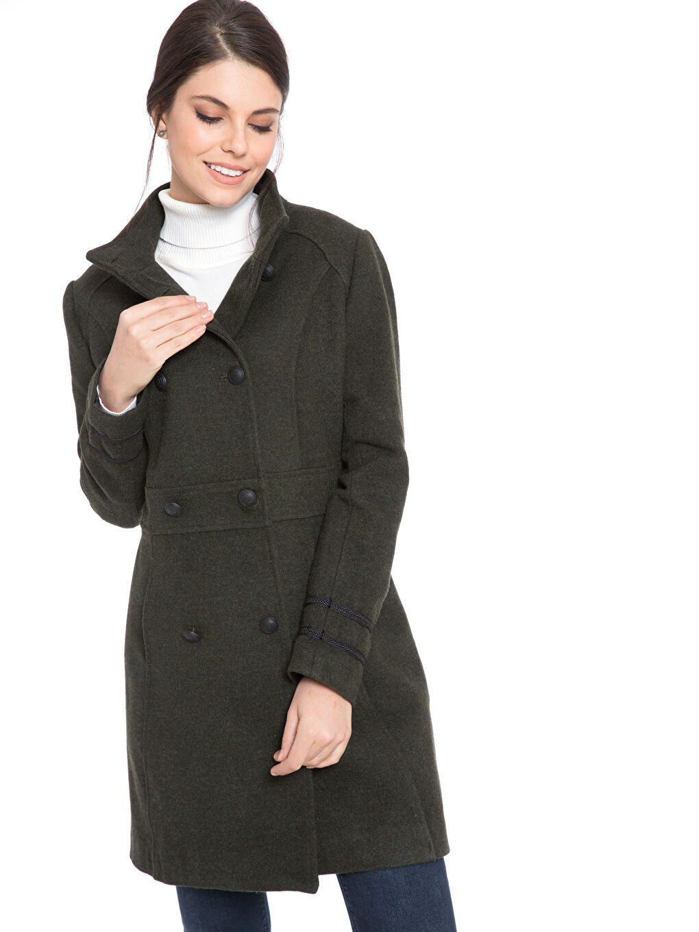 Haki Kadın Düğme Detaylı Kaban