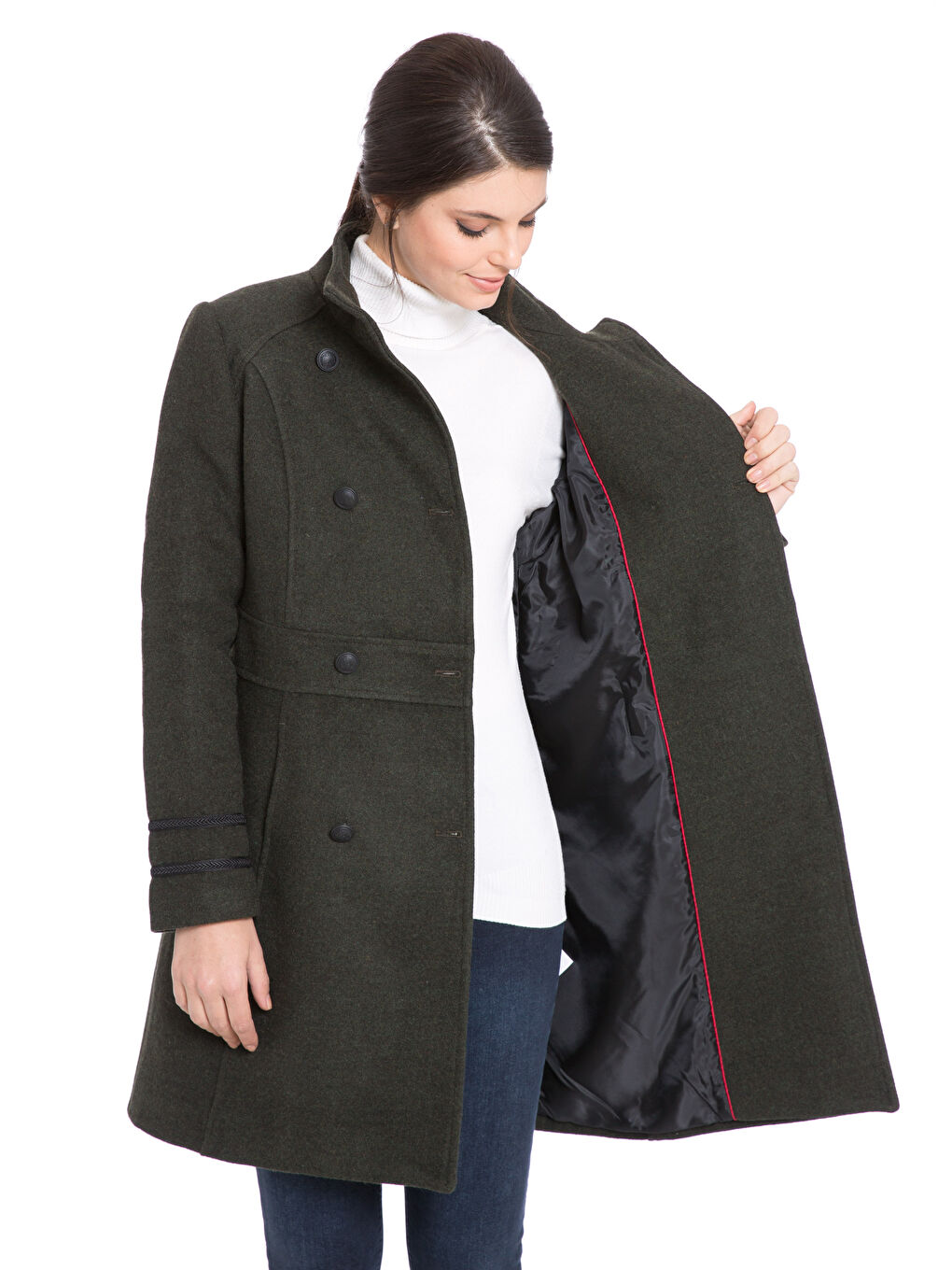 Haki Kadın Düğme Detaylı Kaban-1