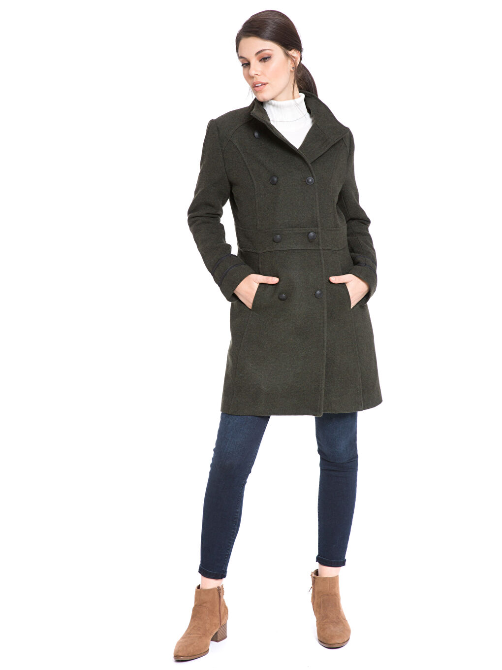 Haki Kadın Düğme Detaylı Kaban-3