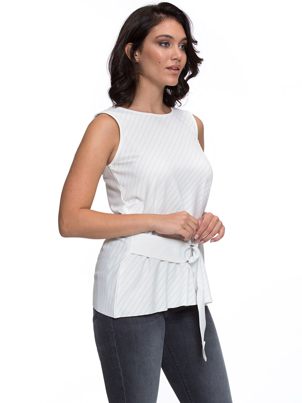 Crew Neck Women's Belted Blouse-1