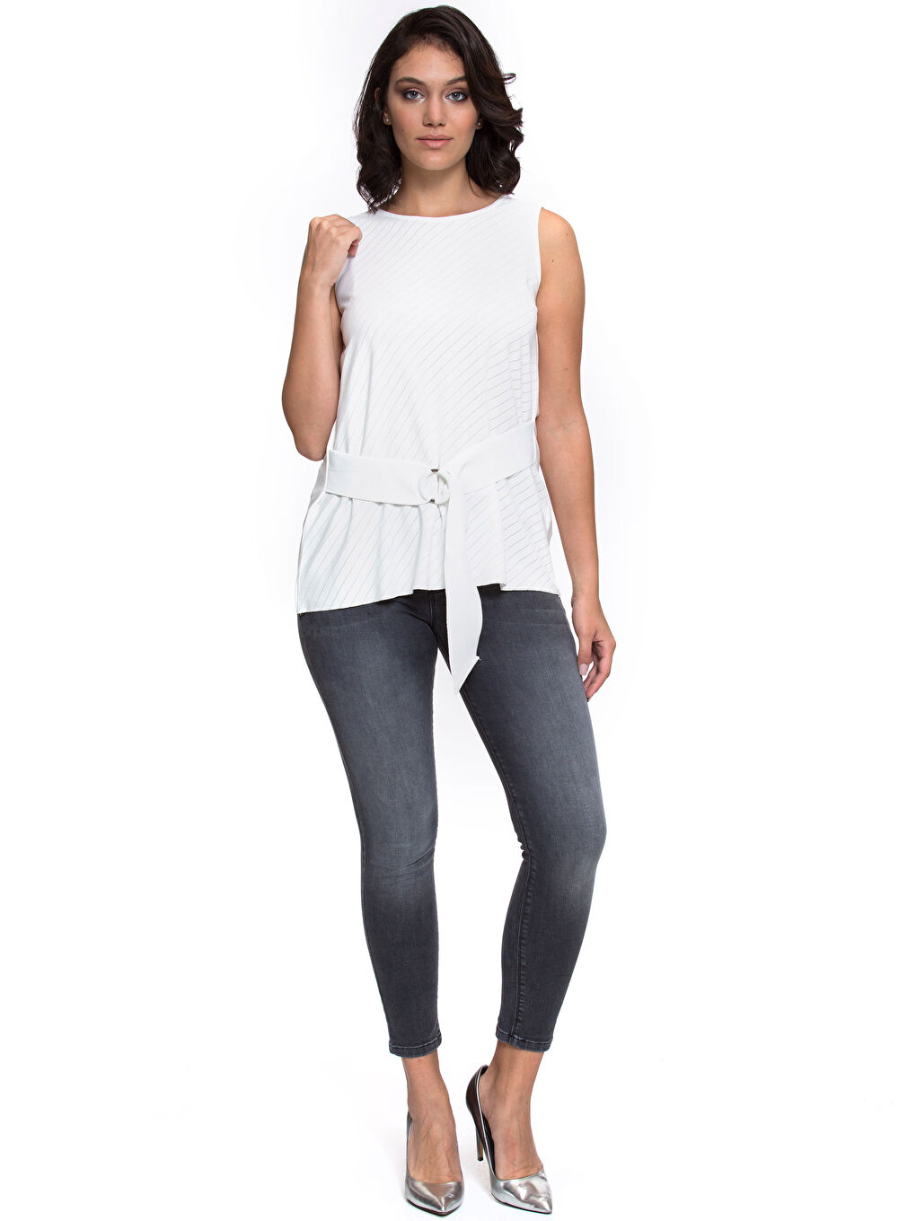 Crew Neck Women's Belted Blouse-3