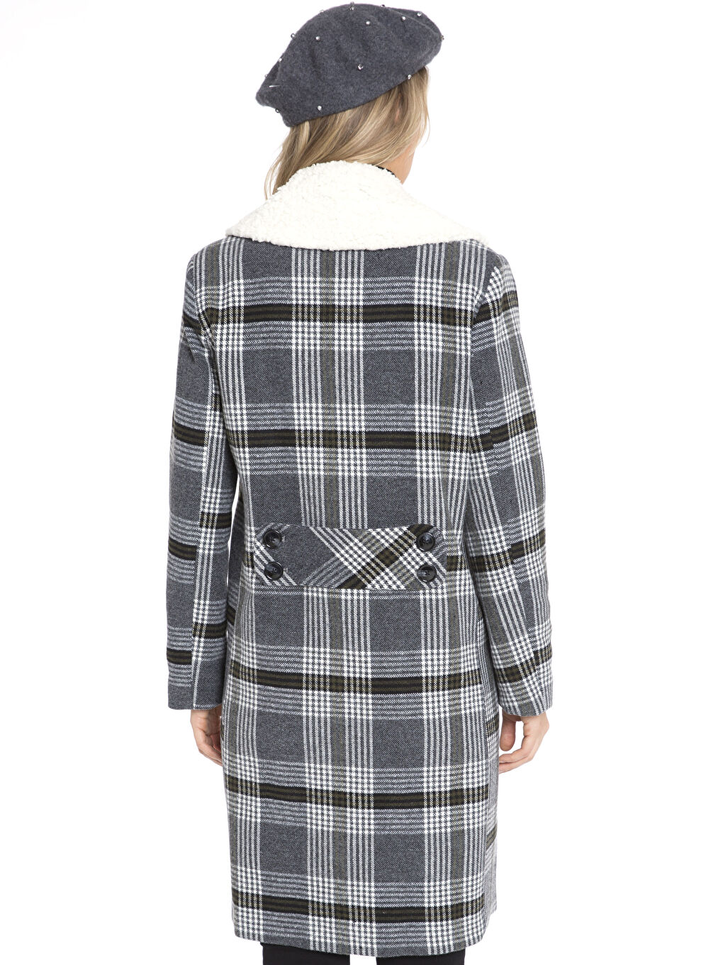 Siyah Ceket Yaka Desenli Uzun Kollu Kadın Kaban-2