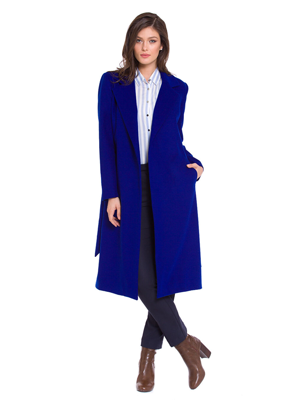 LCW Modest Woman BLUE Wool Blended Overcoat -7KH258Z8-D2R