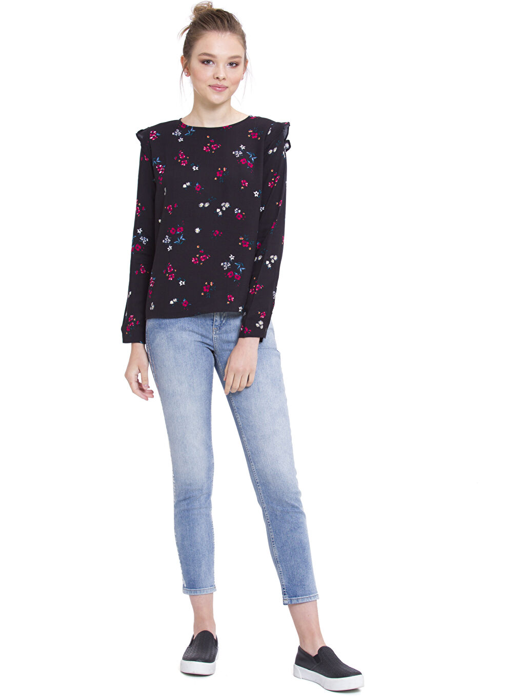 Siyah Kayık Yaka Uzun Kollu Kadın Bluz-2