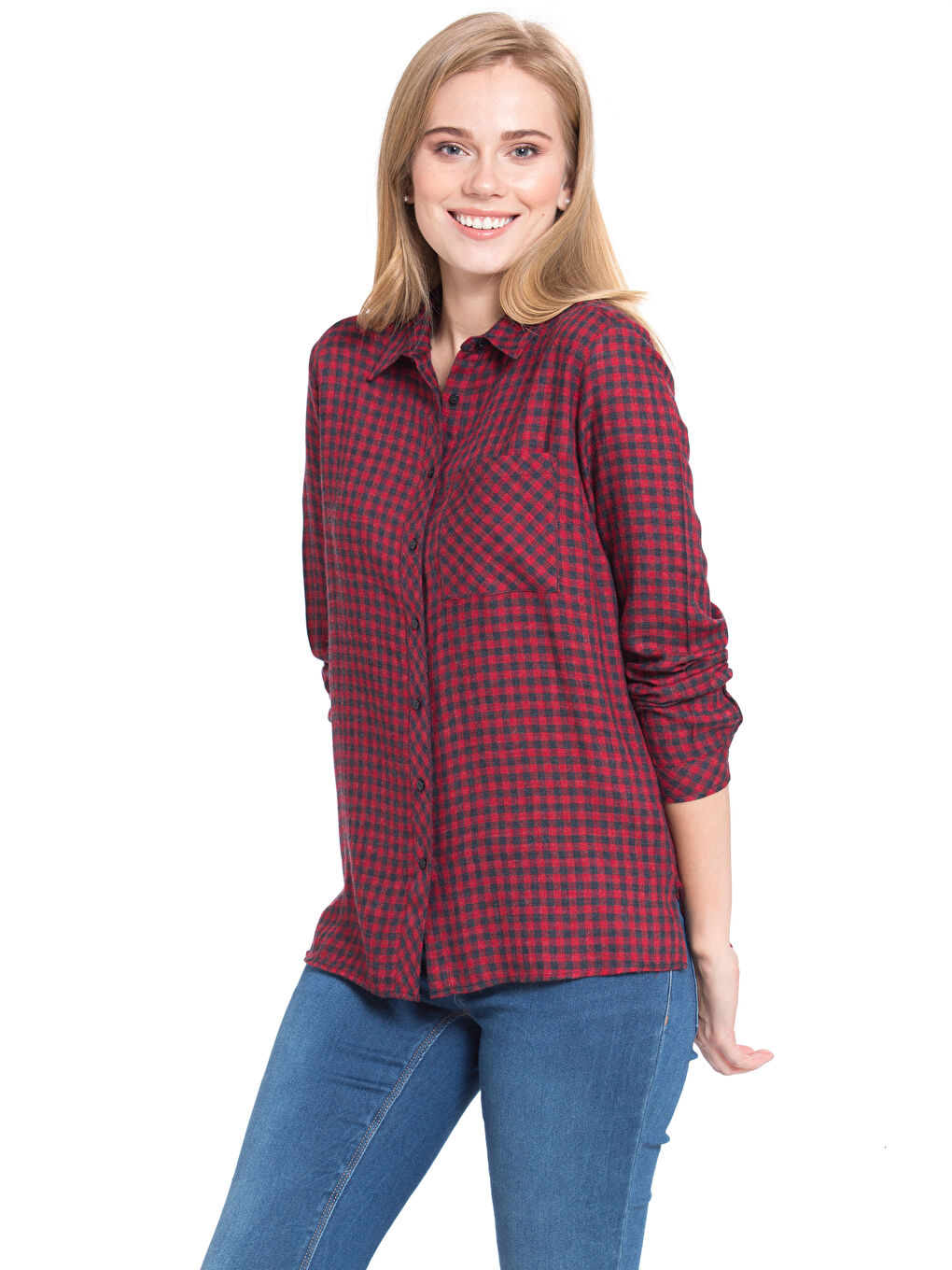 Kırmızı Uzun Kollu Poplin Kadın Ekose Gömlek