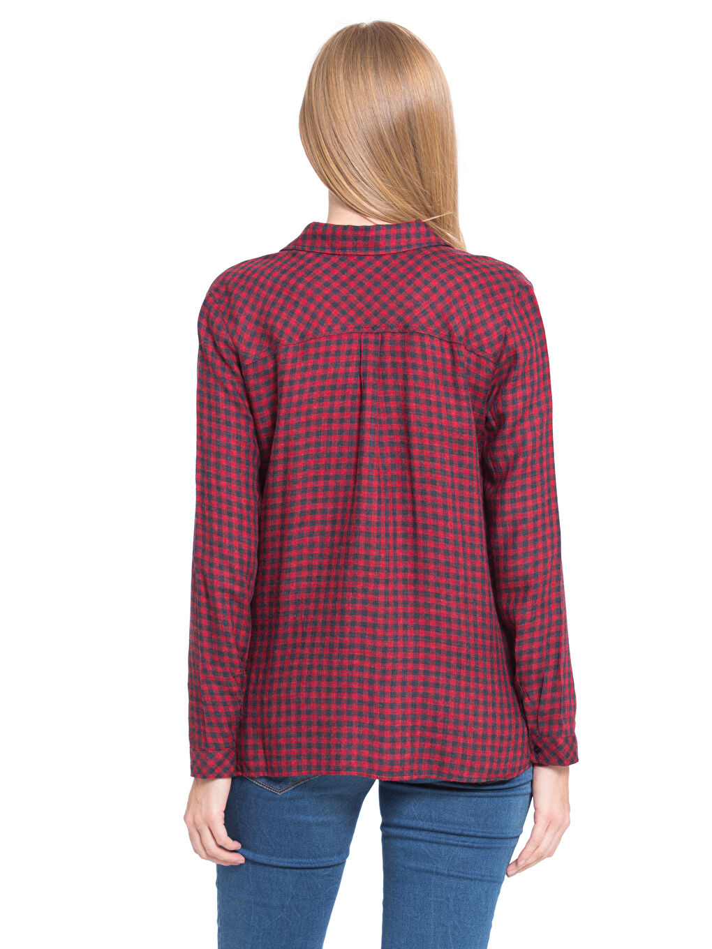 Kırmızı Uzun Kollu Poplin Kadın Ekose Gömlek-1