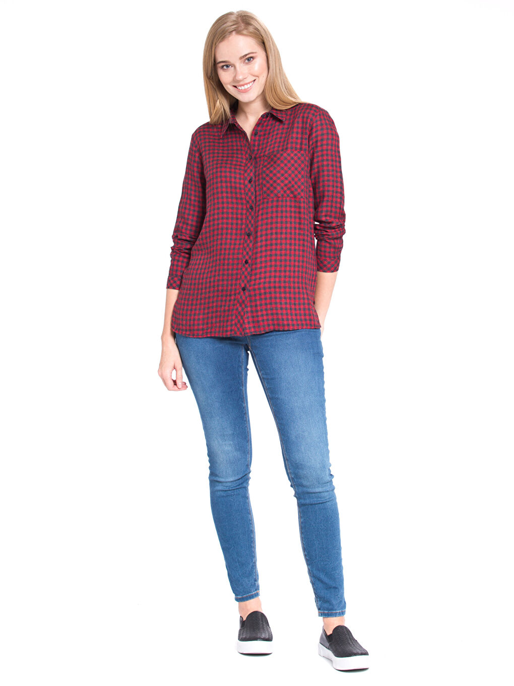 Kırmızı Uzun Kollu Poplin Kadın Ekose Gömlek-2