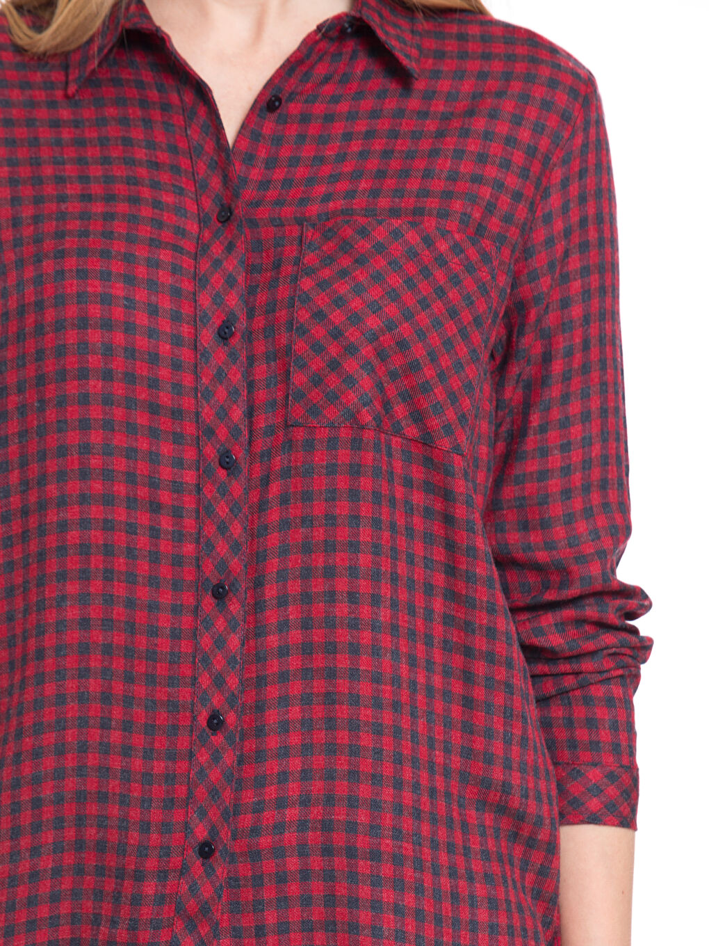 Kırmızı Uzun Kollu Poplin Kadın Ekose Gömlek-3