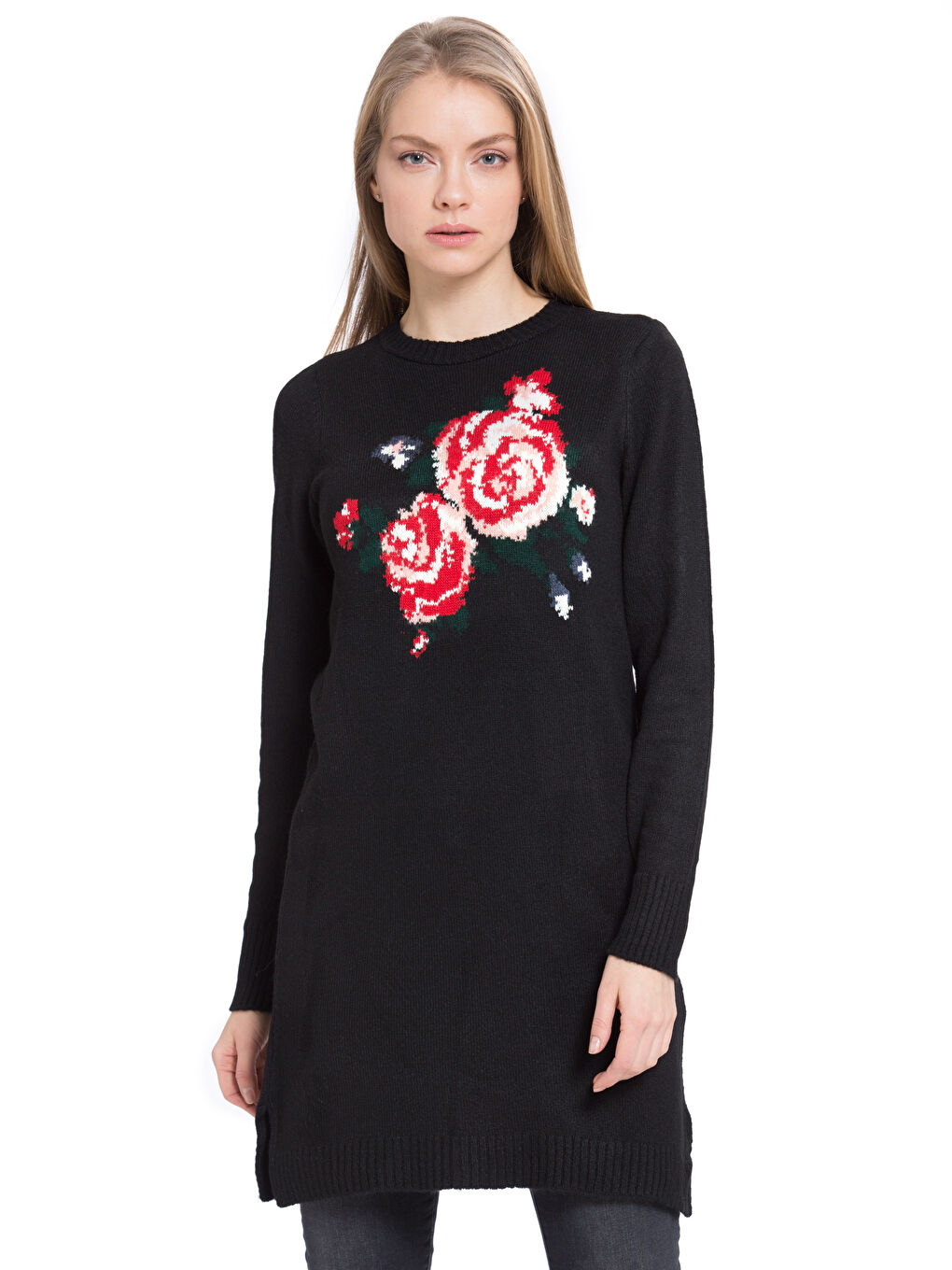 Siyah Bisiklet Yaka Kadın Çiçek Desenli Tunik