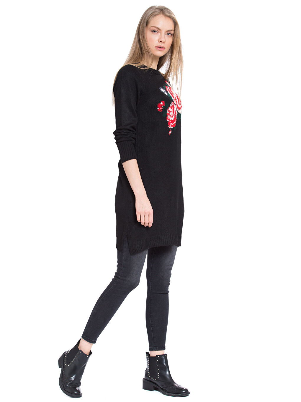 Siyah Bisiklet Yaka Kadın Çiçek Desenli Tunik-2