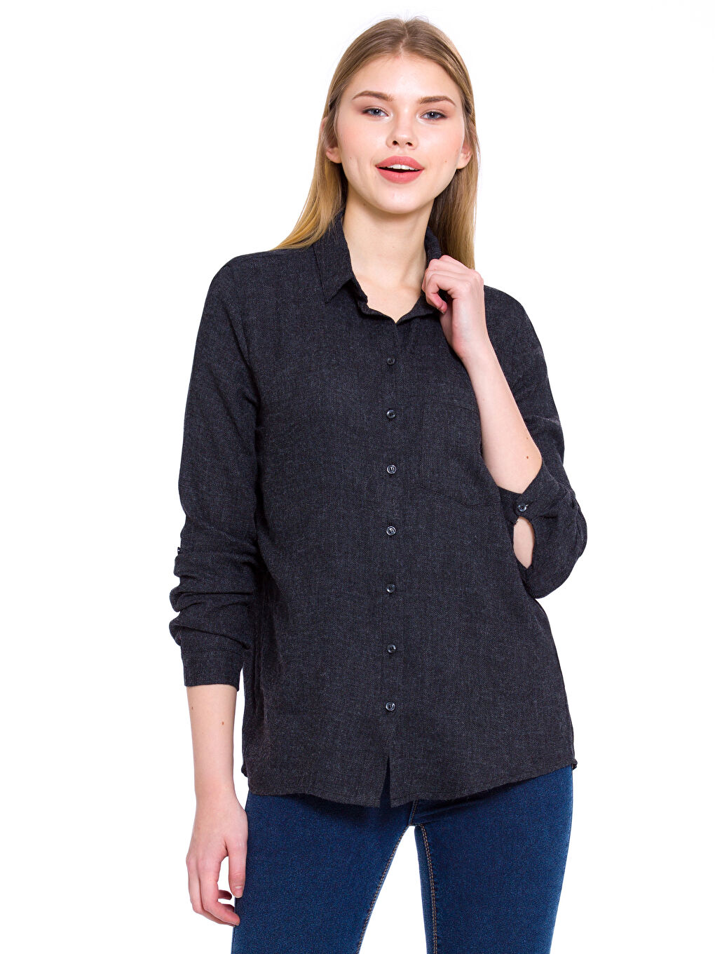 Siyah Gömlek Yaka Uzun Kollu Gabardin Kadın Gömlek