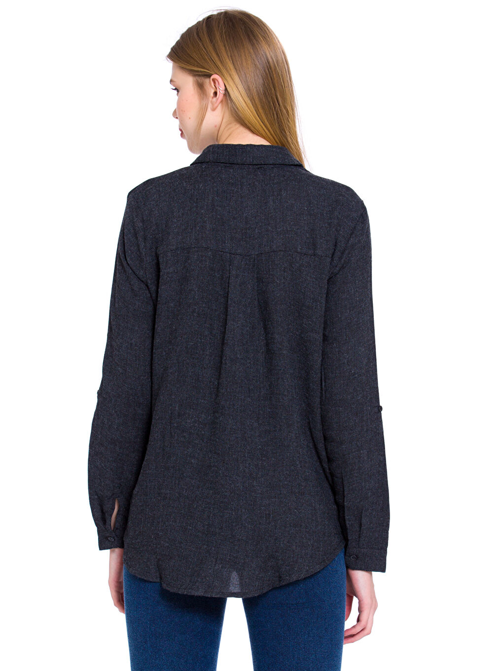 Siyah Gömlek Yaka Uzun Kollu Gabardin Kadın Gömlek-1