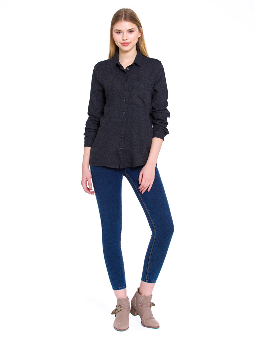 Siyah Gömlek Yaka Uzun Kollu Gabardin Kadın Gömlek-2