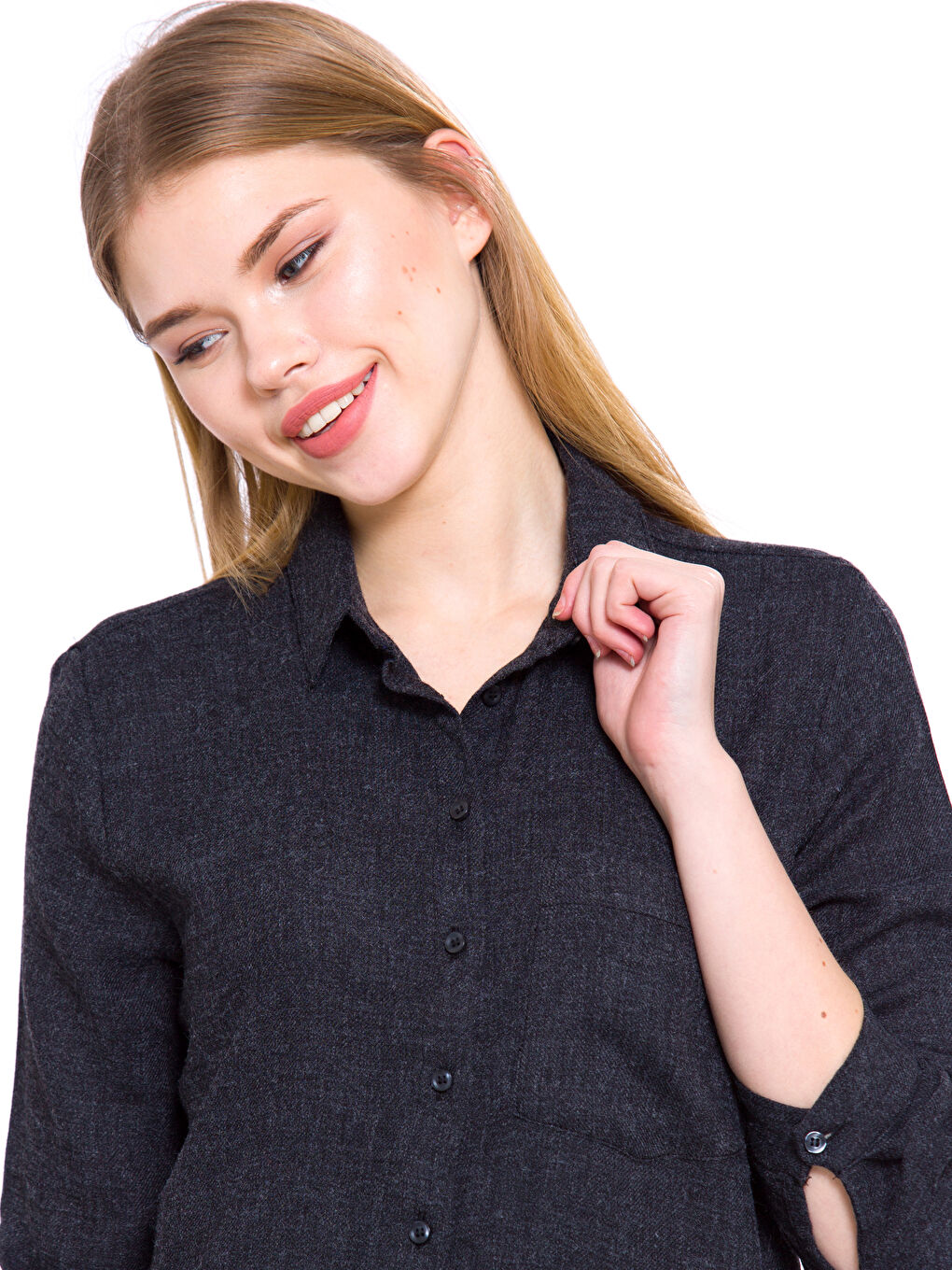 Siyah Gömlek Yaka Uzun Kollu Gabardin Kadın Gömlek-3