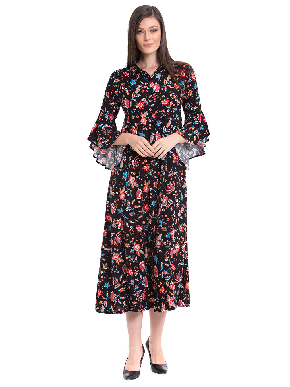 Siyah V Yaka Poplin Kadın Elbise-1