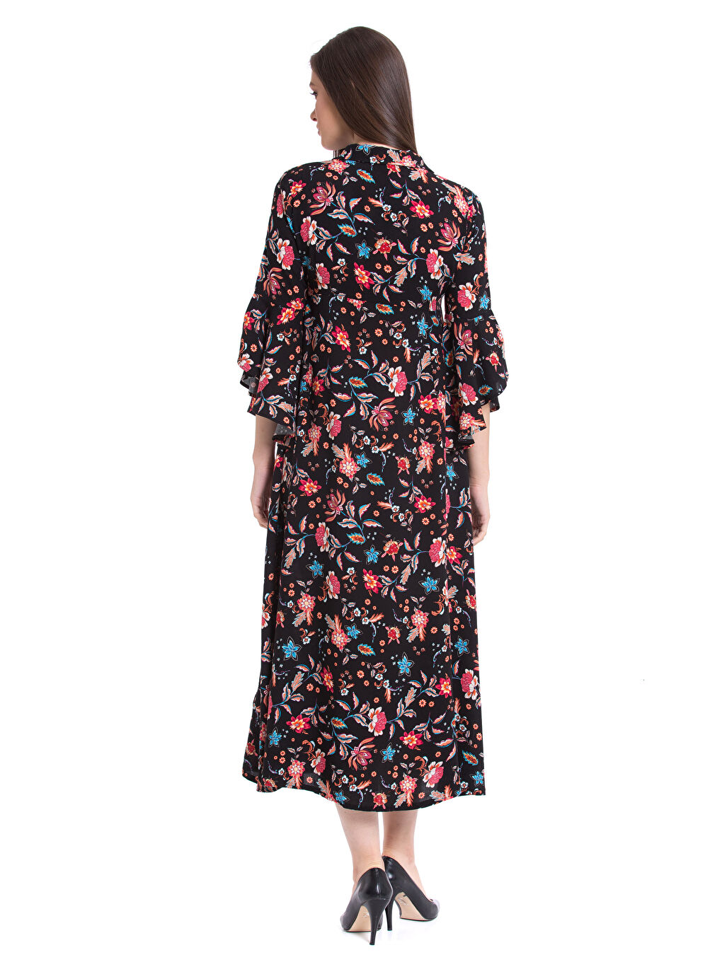 Siyah V Yaka Poplin Kadın Elbise-2