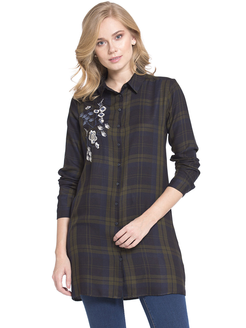 Haki Uzun Kollu Nakışlı Gabardin Kadın Tunik