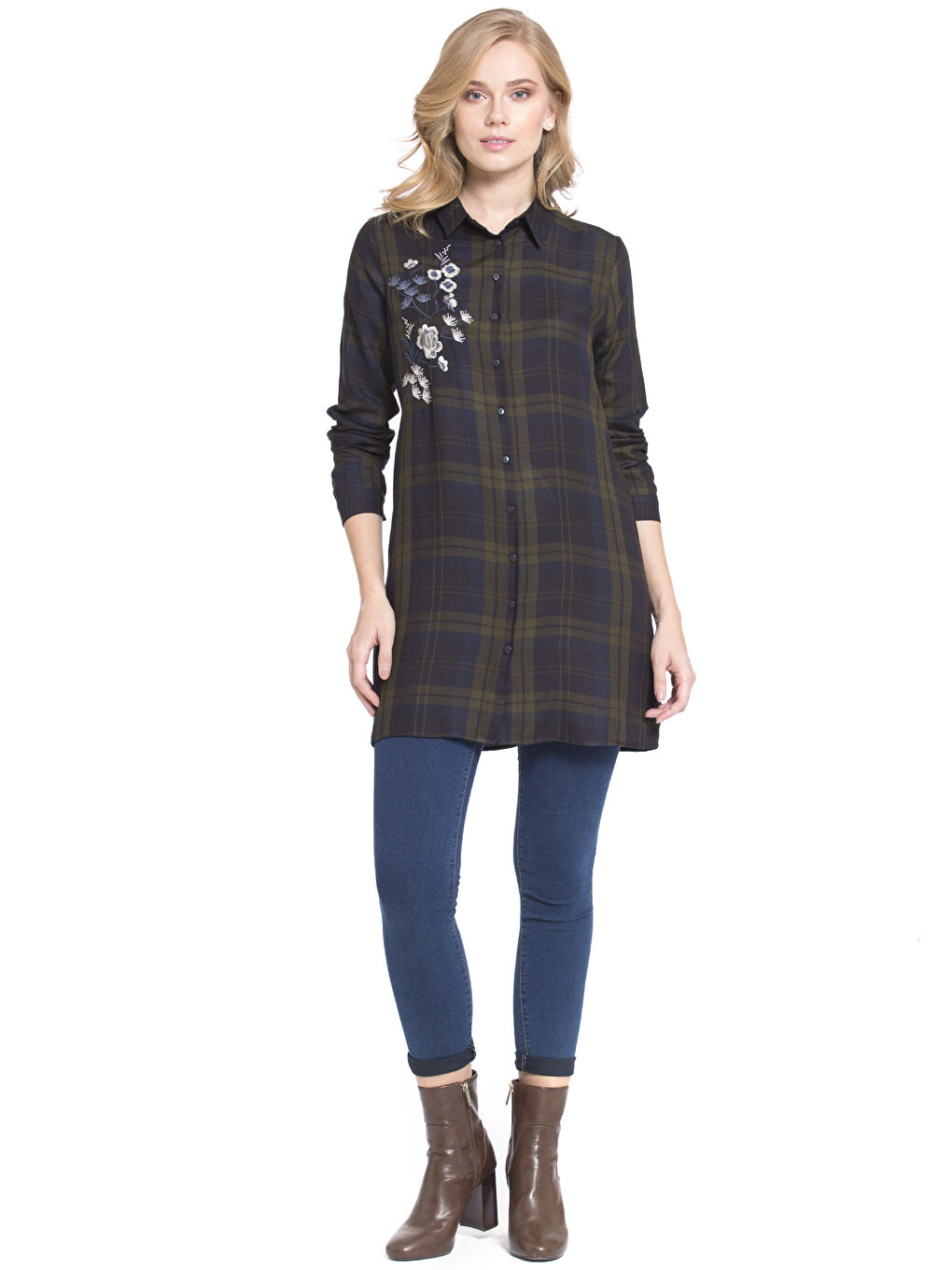 Haki Uzun Kollu Nakışlı Gabardin Kadın Tunik-2