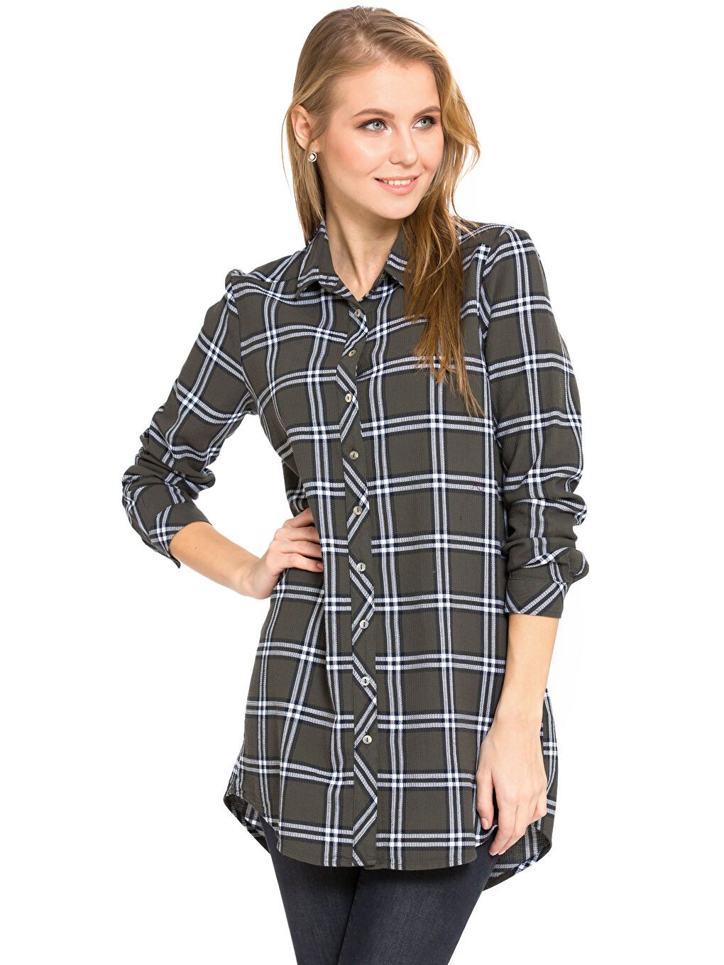 Haki Uzun Kollu Kadın Ekose Viskon Tunik