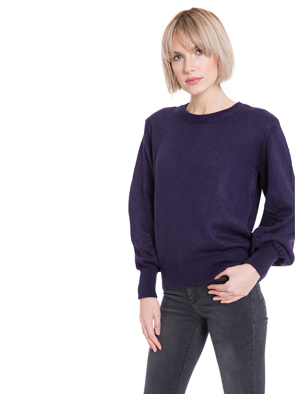 Mor Bisiklet Yaka Kadın Balon Kol Kazak