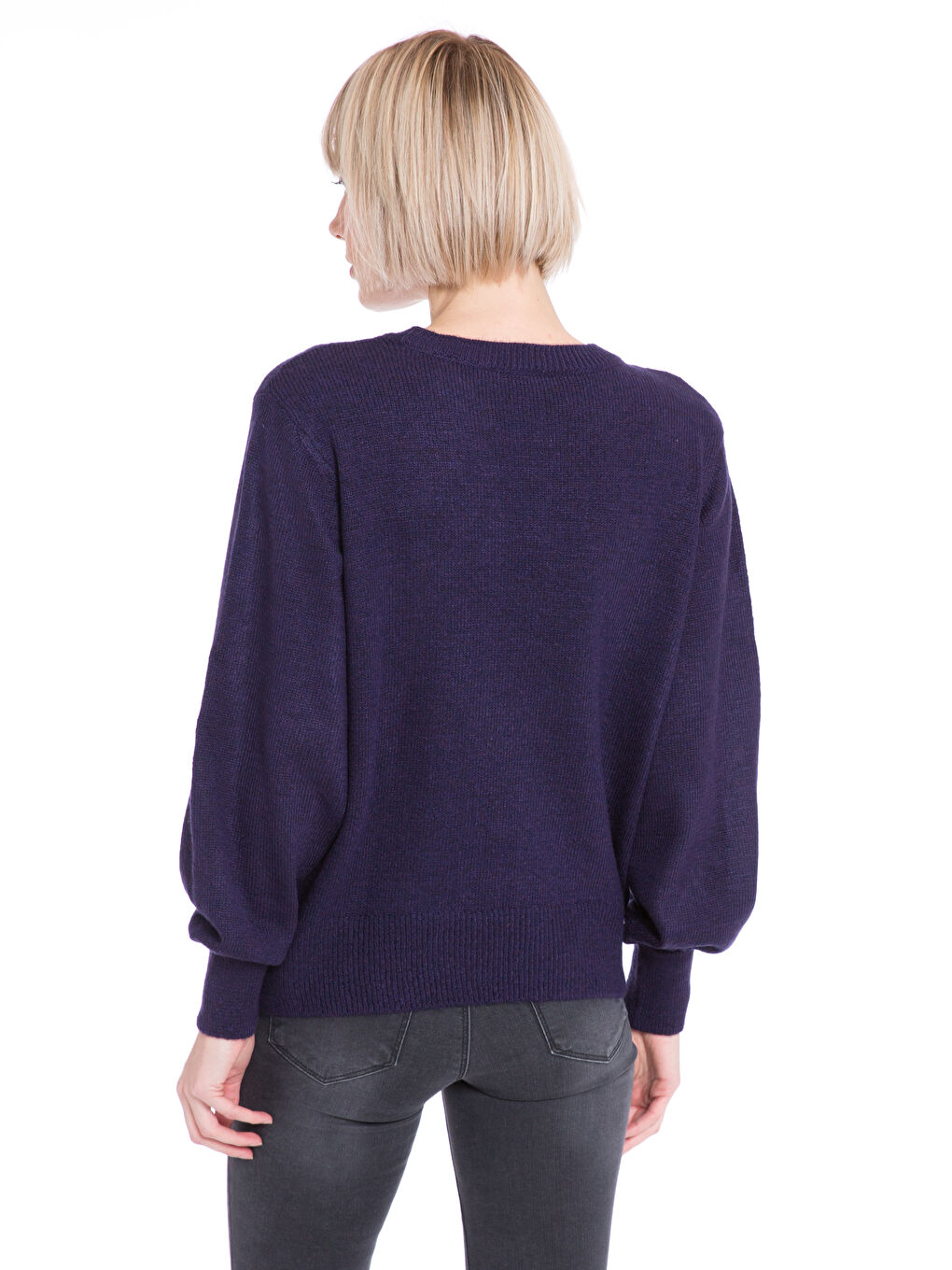 Mor Bisiklet Yaka Kadın Balon Kol Kazak-1