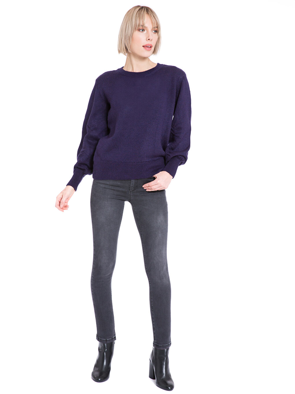 Mor Bisiklet Yaka Kadın Balon Kol Kazak-2