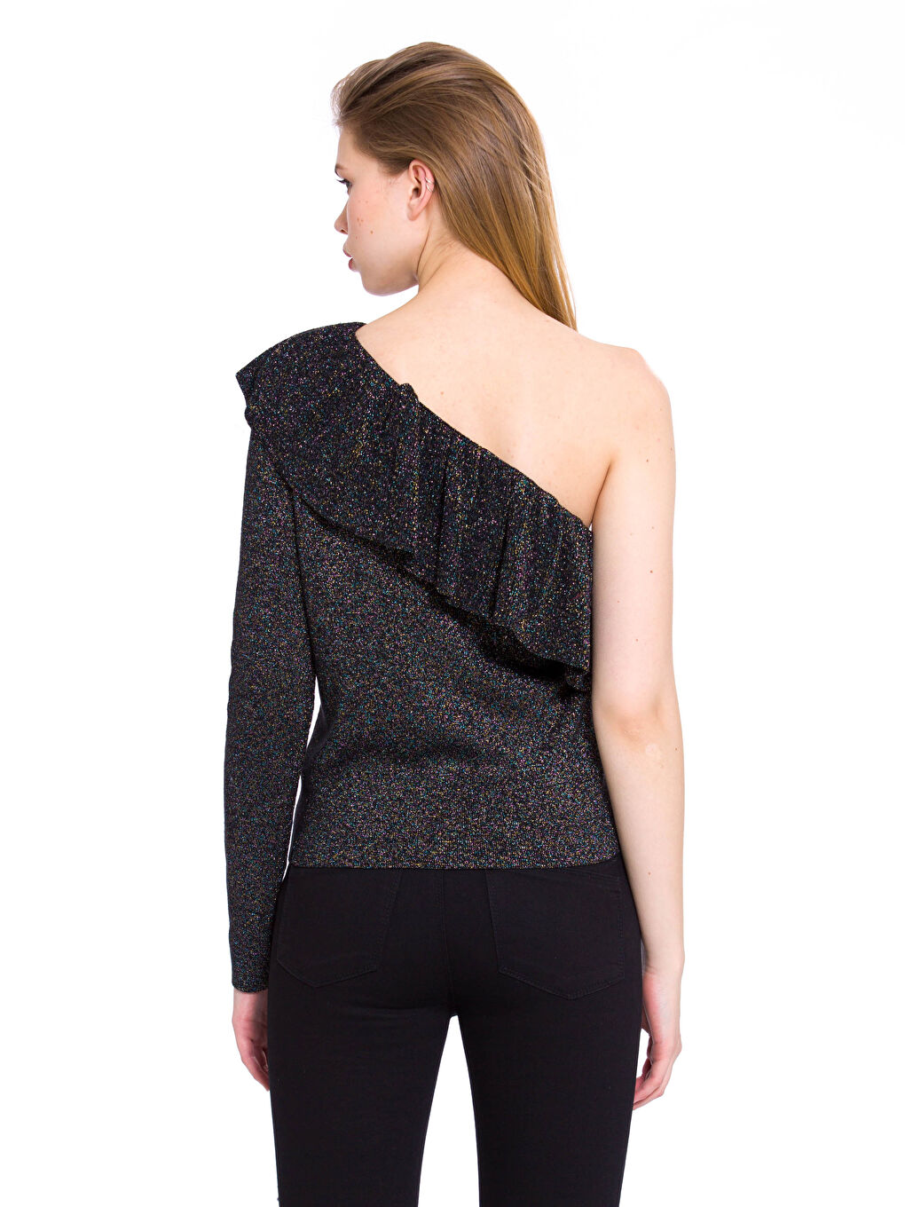 Siyah Kayık Yaka Parlak Görünümlü Tek Kollu Kadın Triko Bluz-2