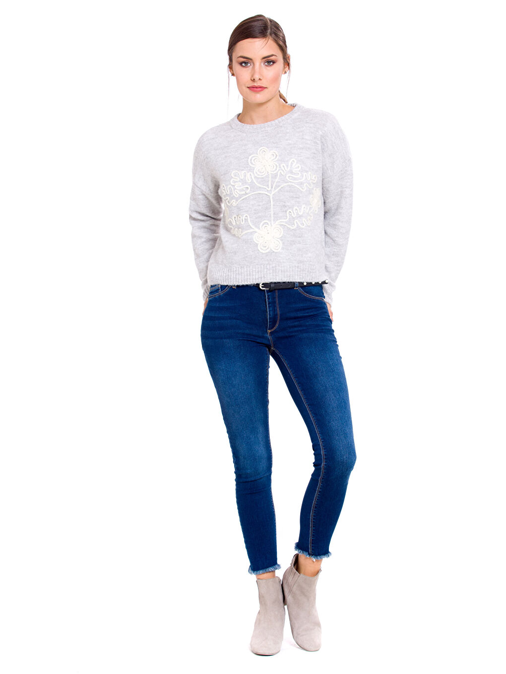 Pembe Bisiklet Yaka Kadın Çiçek İşlemeli Kazak-3