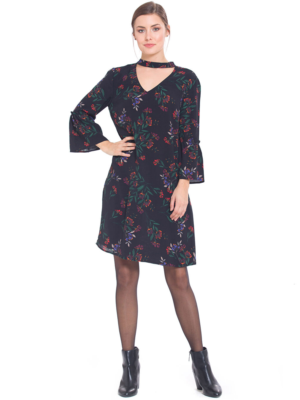 Siyah V Yaka Uzun Kollu Gabardin Kadın Elbise-1