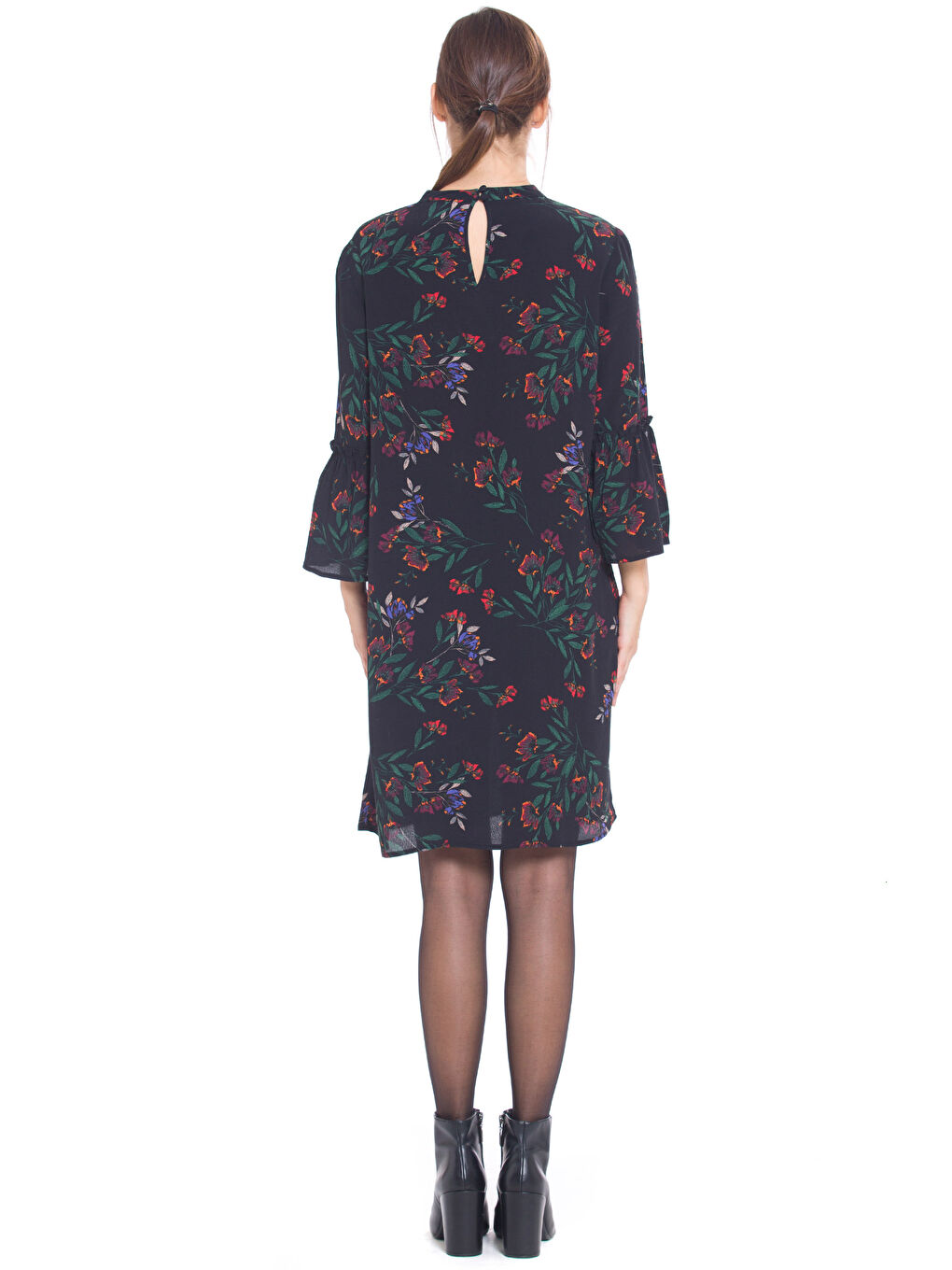 Siyah V Yaka Uzun Kollu Gabardin Kadın Elbise-2