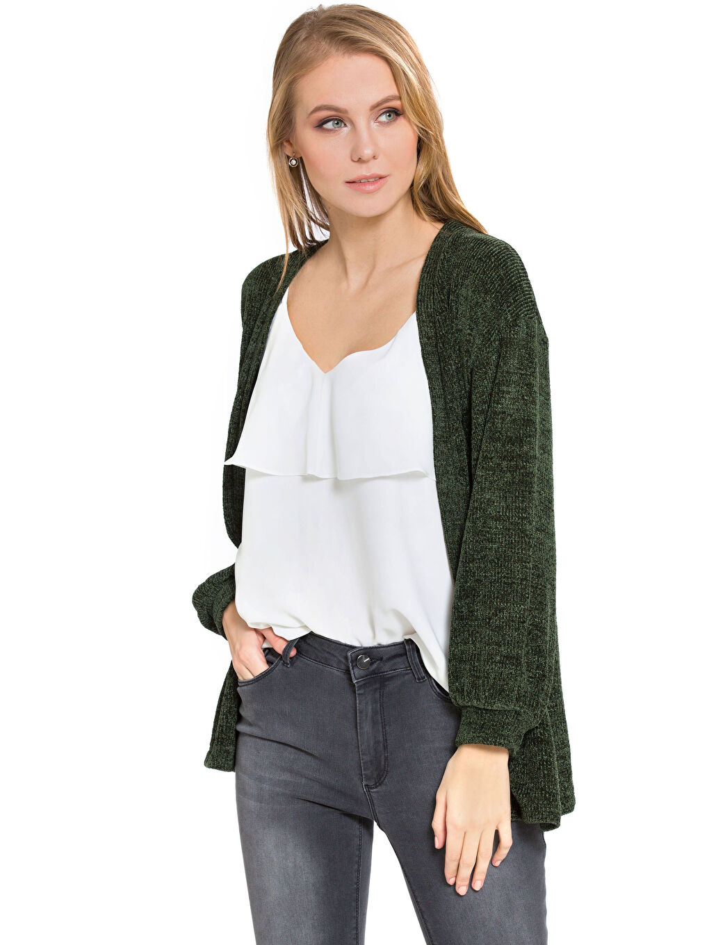 Haki Kadın Düz İnce Hırka