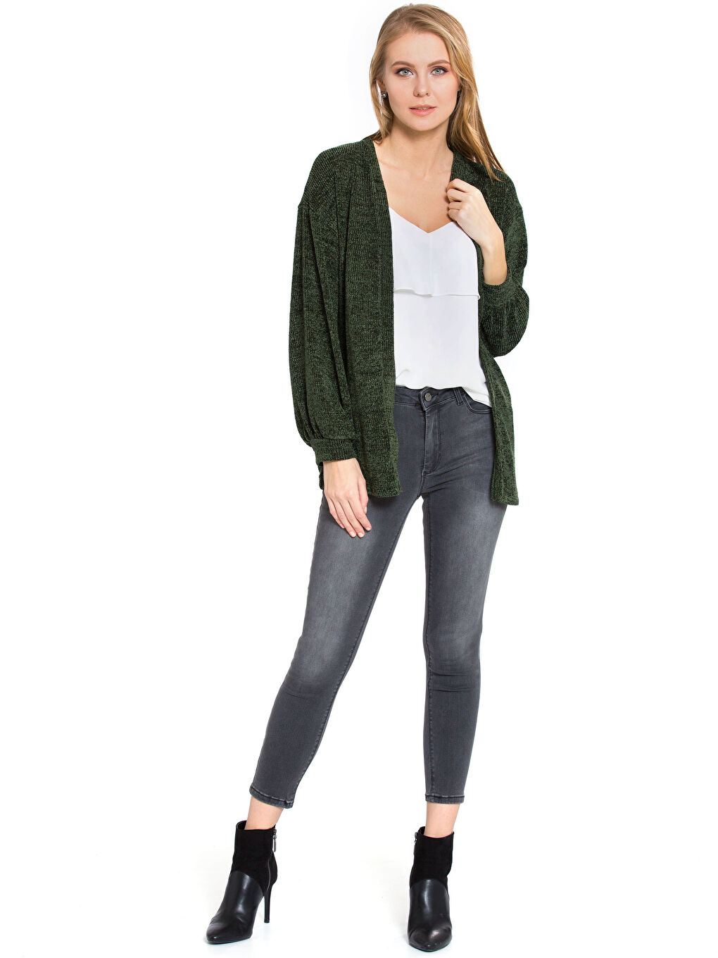 Haki Kadın Düz İnce Hırka-2