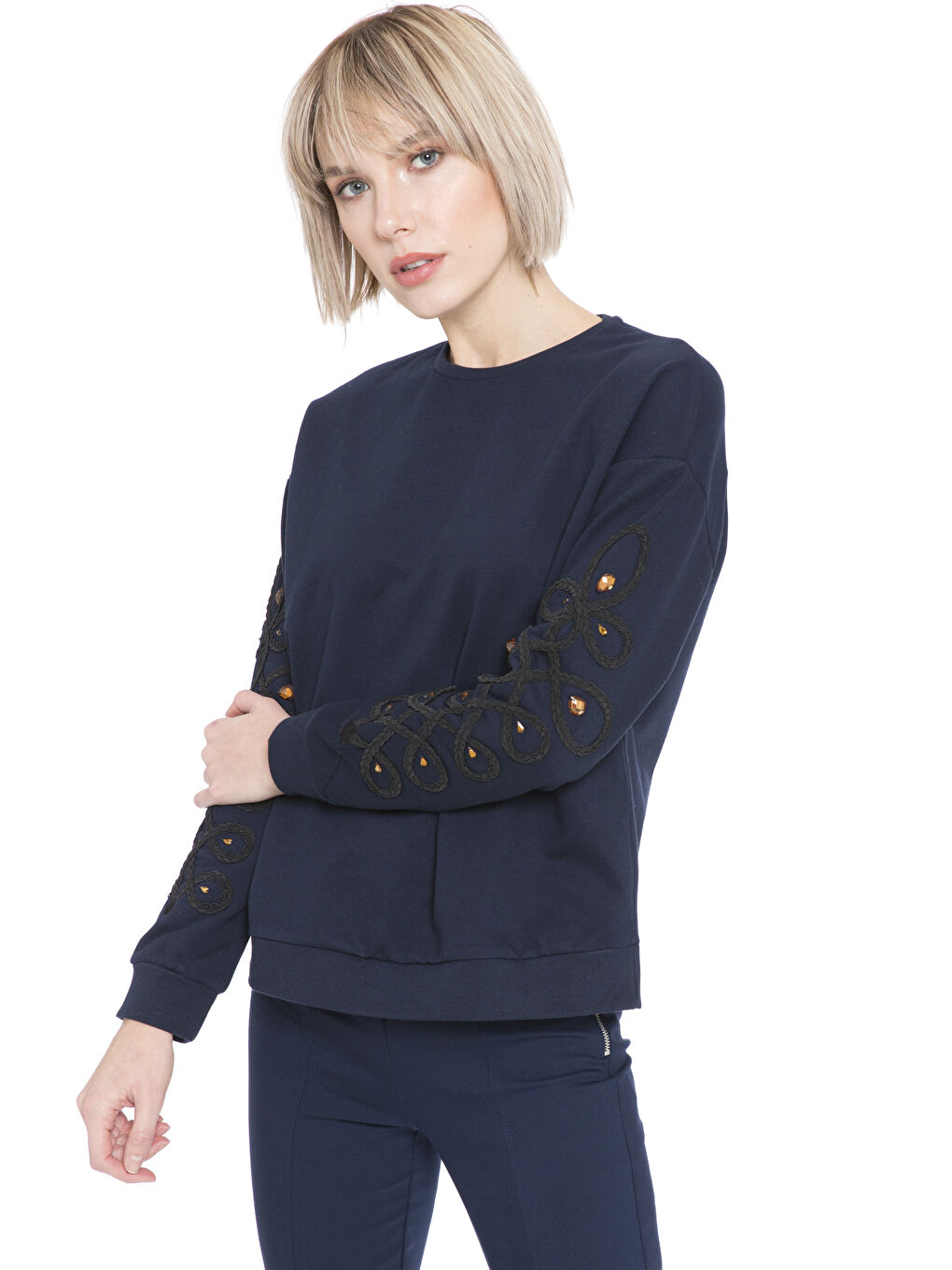 LCW Vision Kolları Örgü ve Renkli Taş İşlemeli Sweatshirt -7KB779Z8-CVE
