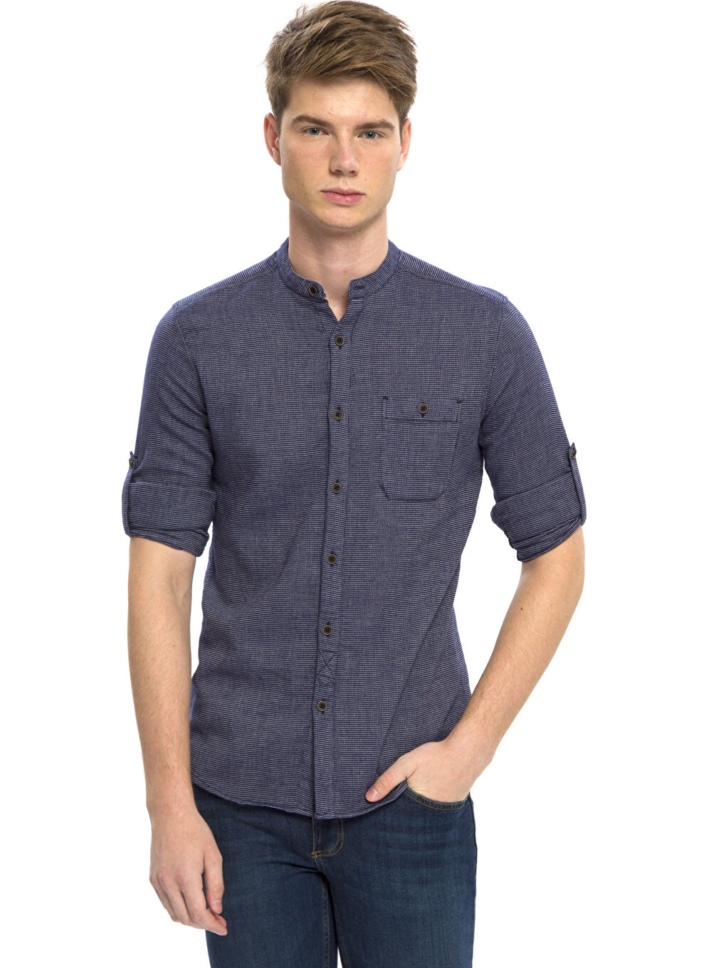 Lacivert Slim Fit Hakim Yaka Armürlü Erkek Gömlek