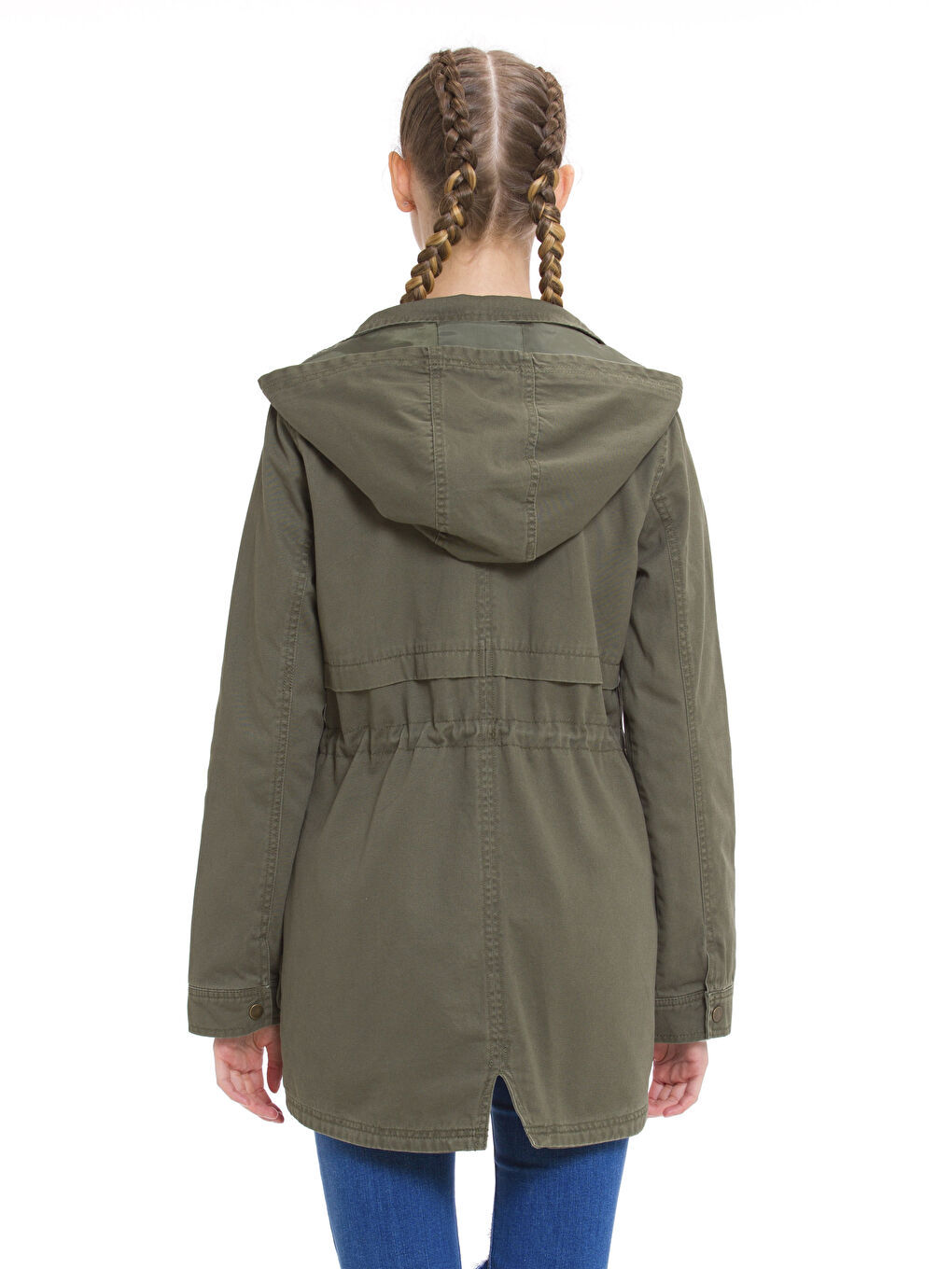 Haki Kadın Kapüşonlu Düz Parka-1