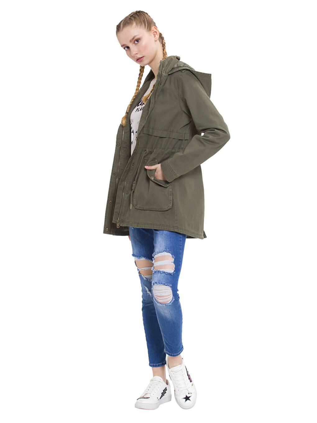 Haki Kadın Kapüşonlu Düz Parka-2