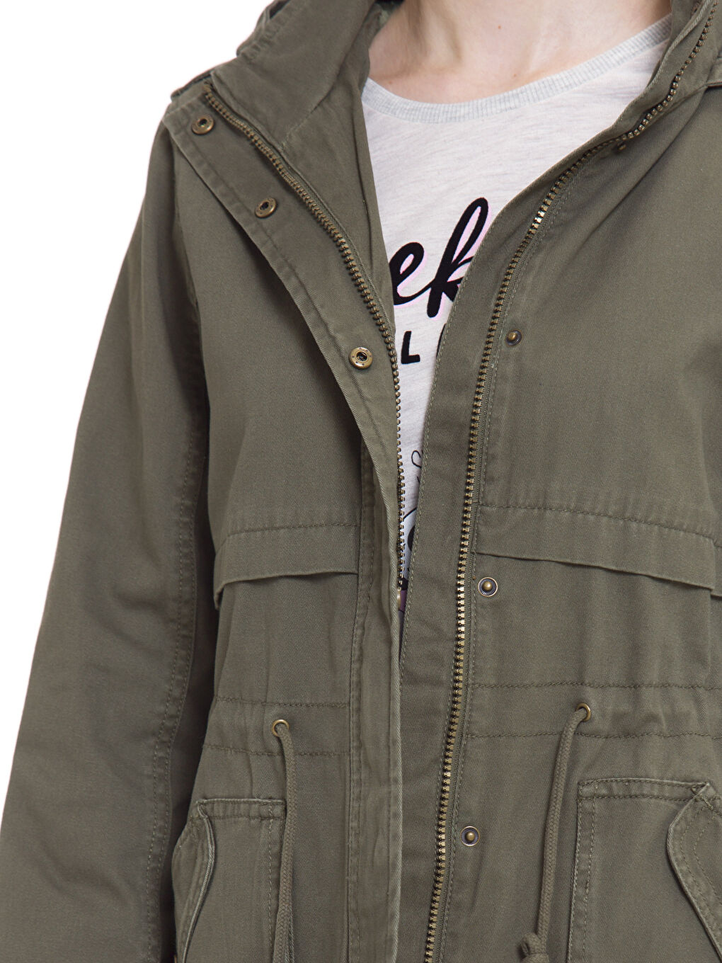 Haki Kadın Kapüşonlu Düz Parka-3