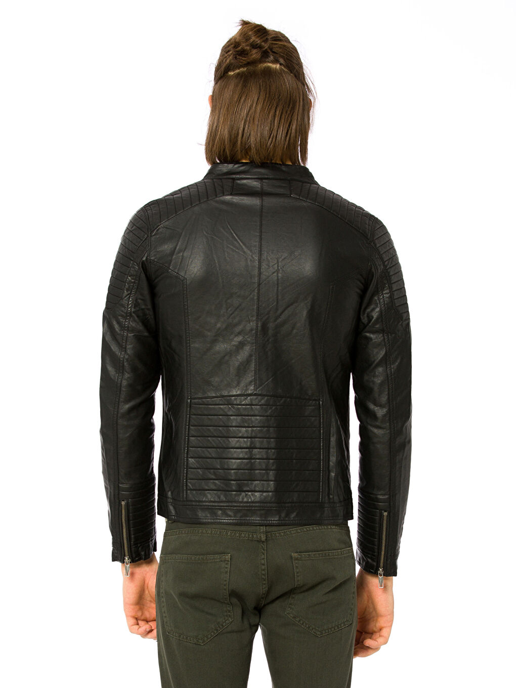 Siyah Sıyah Deri Görünümlü Mont-1