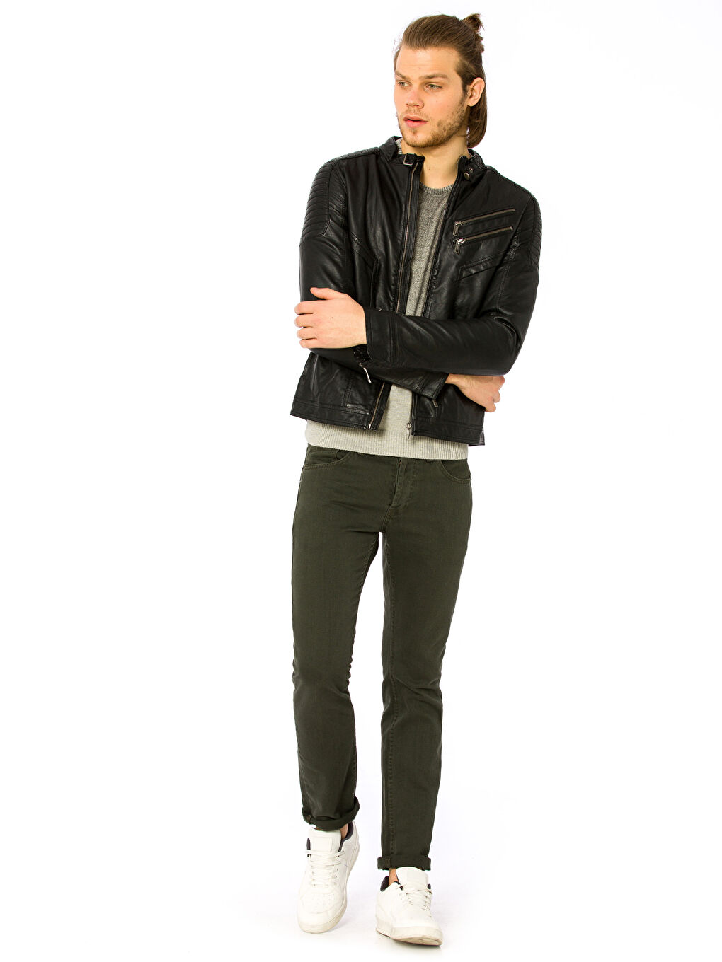 Siyah Sıyah Deri Görünümlü Mont-2