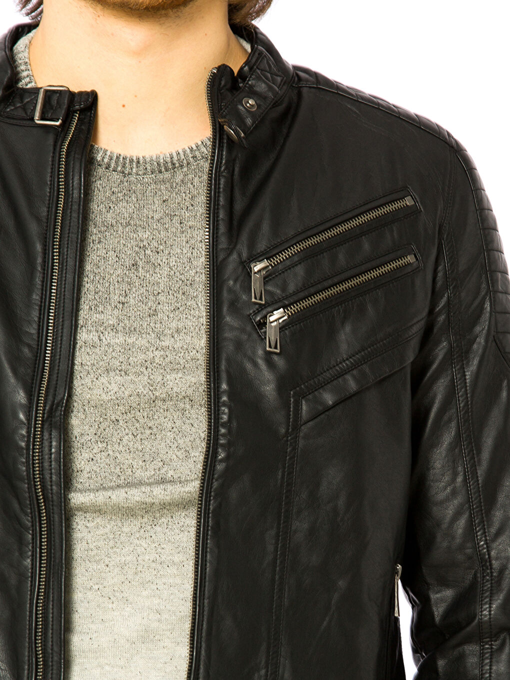 Siyah Sıyah Deri Görünümlü Mont-3