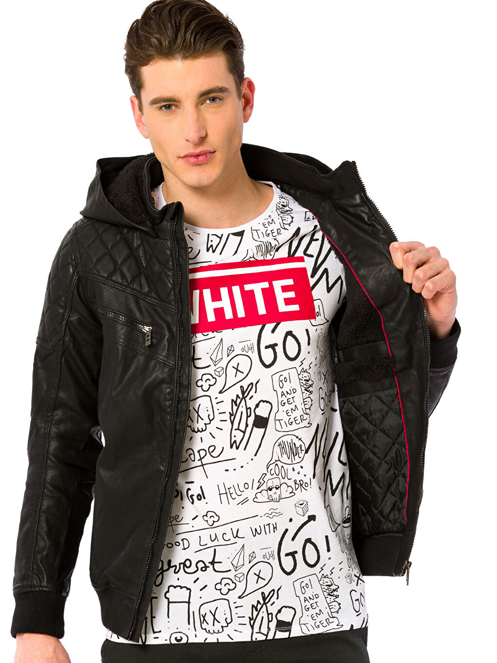 Siyah Sıyah Deri Görünümlü Mont-1