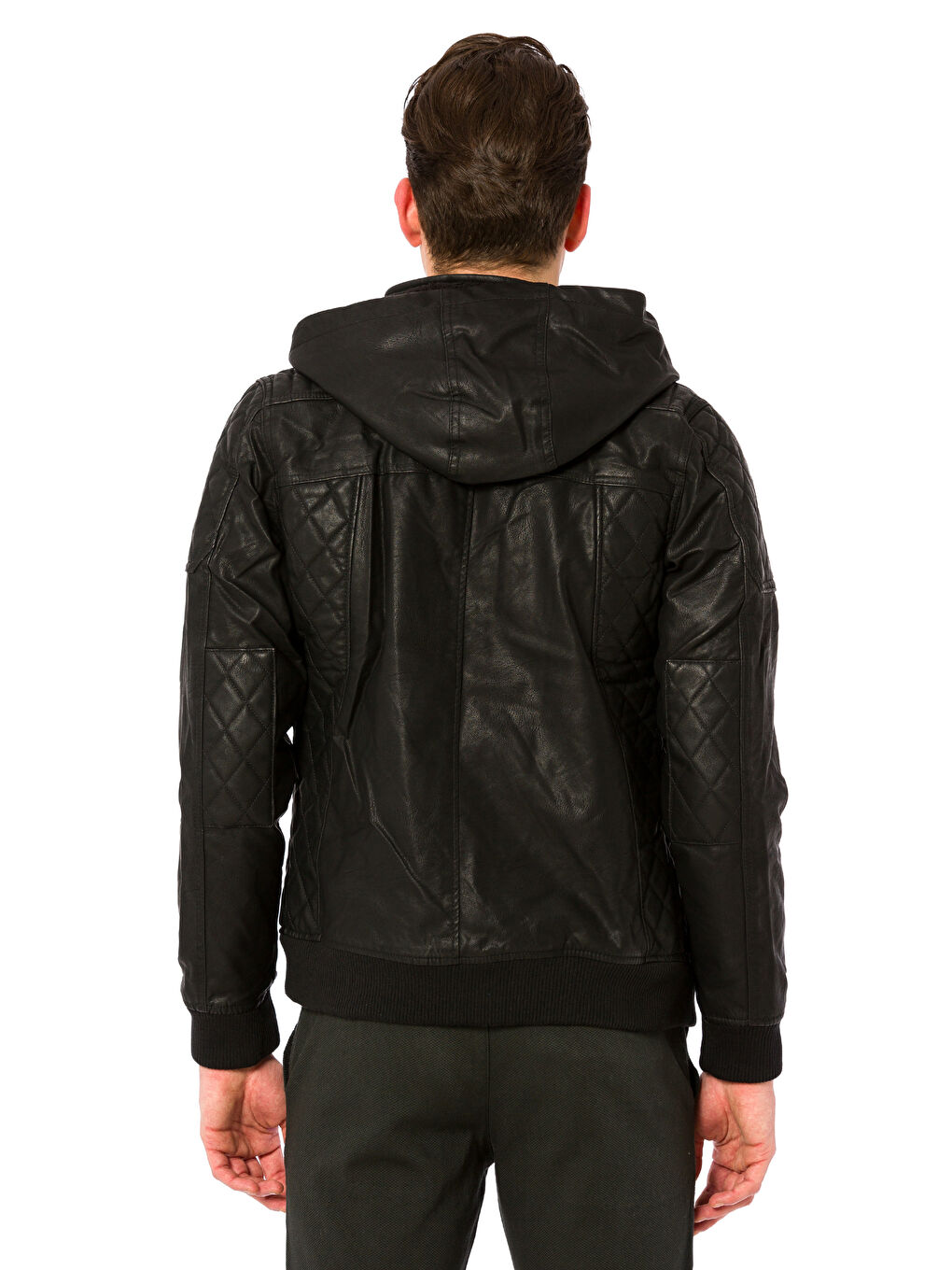 Siyah Sıyah Deri Görünümlü Mont-2