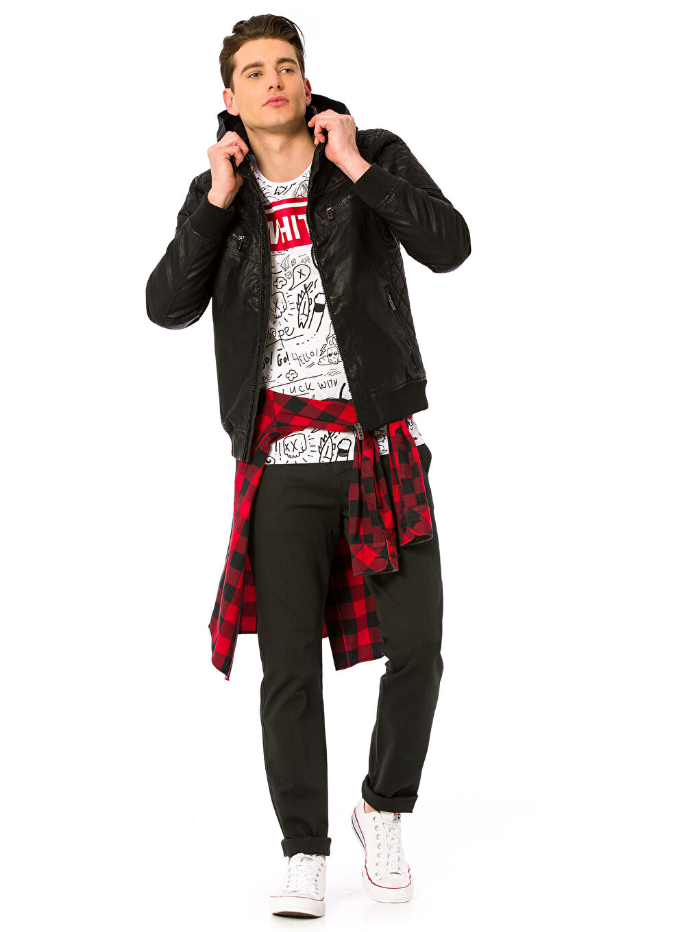 Siyah Sıyah Deri Görünümlü Mont-3