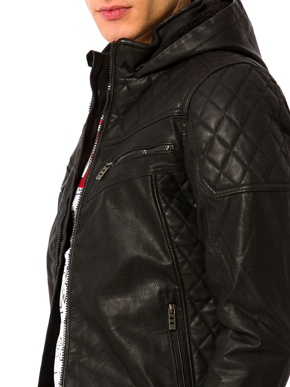 Siyah Sıyah Deri Görünümlü Mont-4