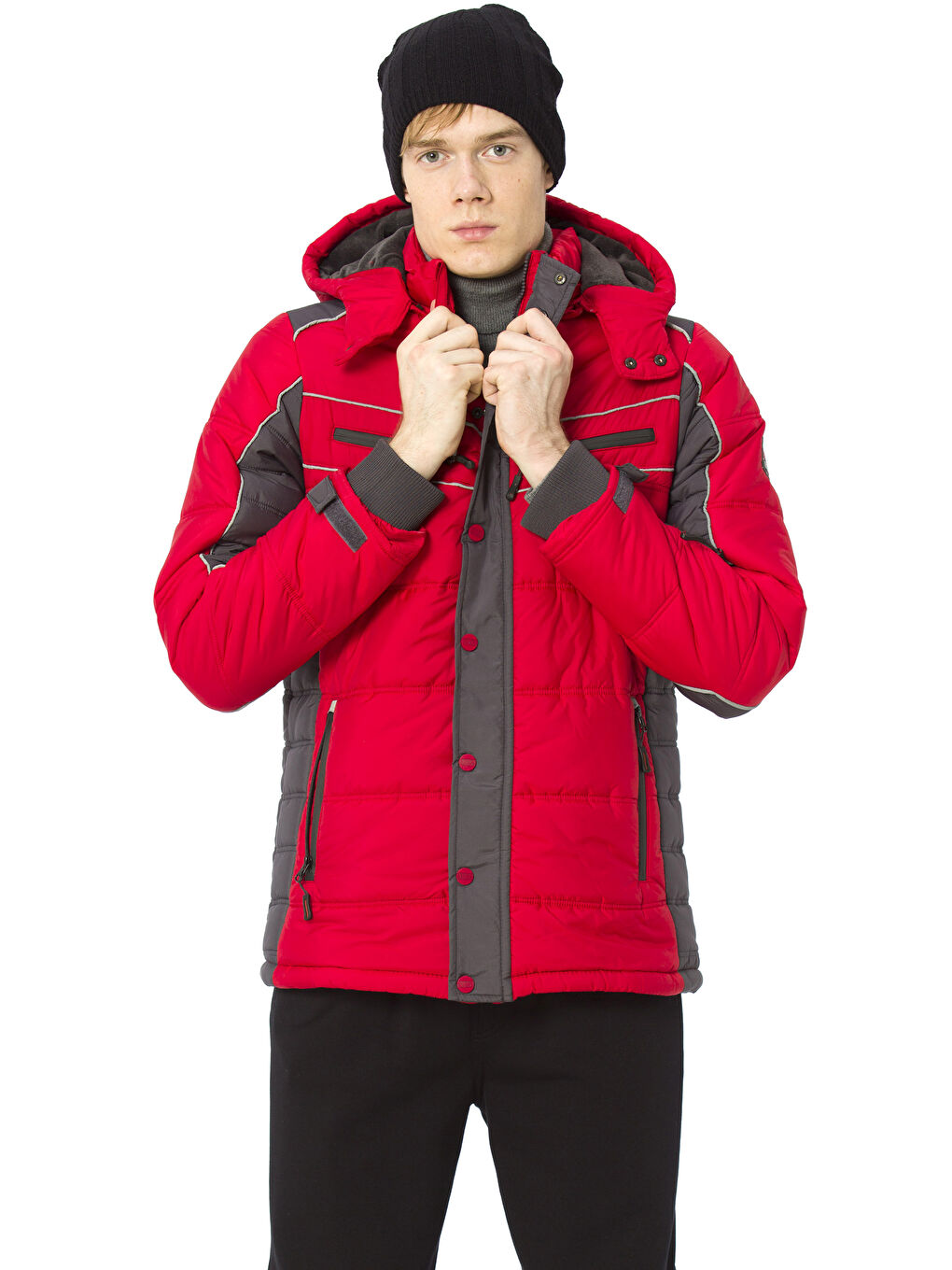 Kırmızı Kapüşonlu Kalın Mont