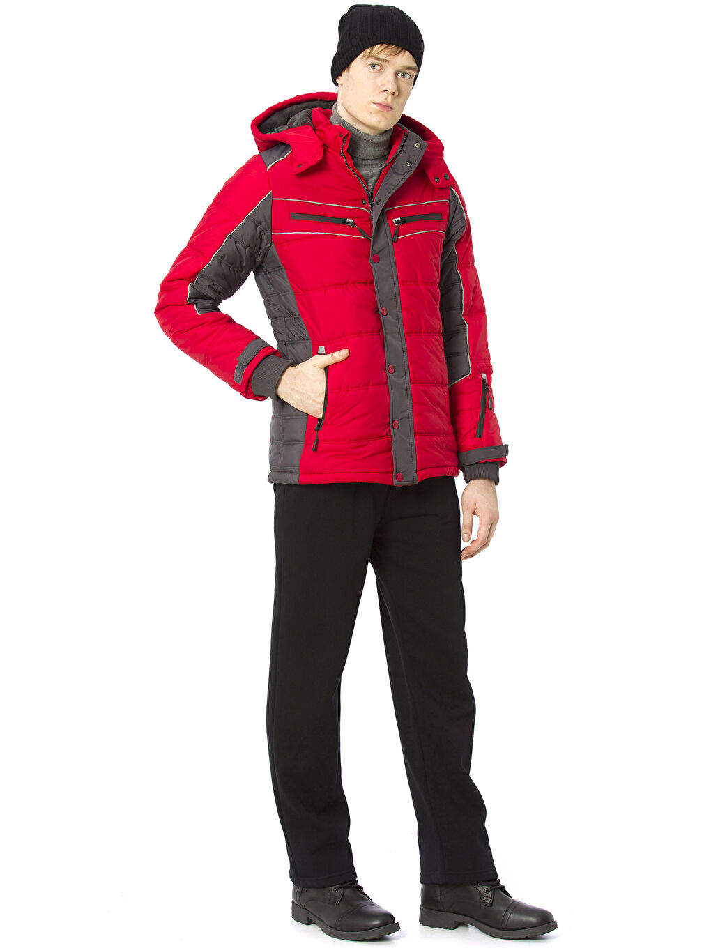 Kırmızı Kapüşonlu Kalın Mont-2