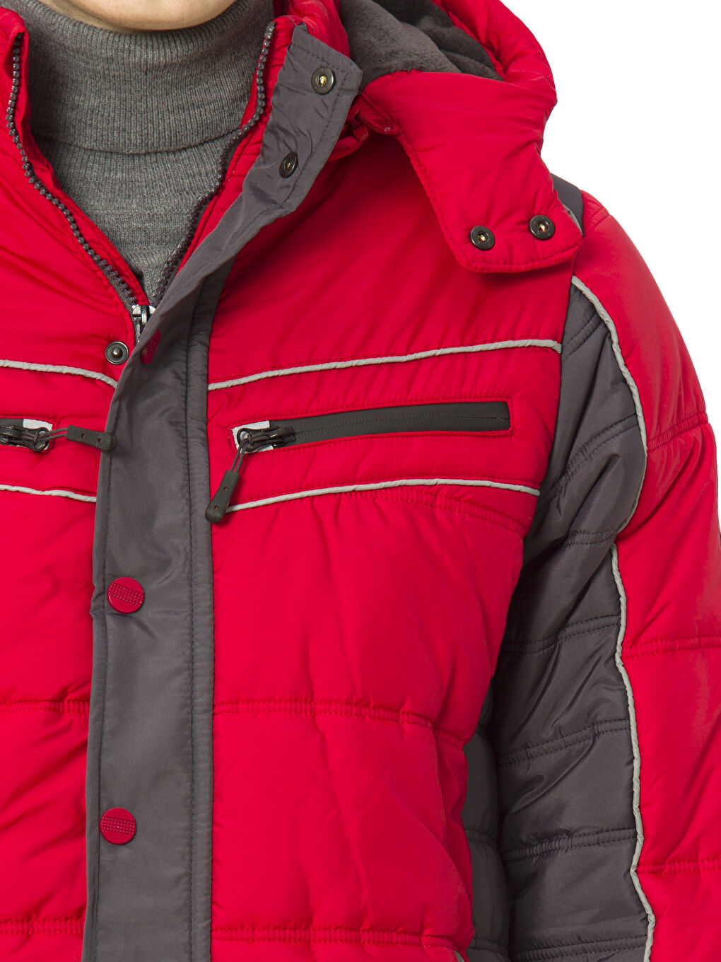 Kırmızı Kapüşonlu Kalın Mont-4