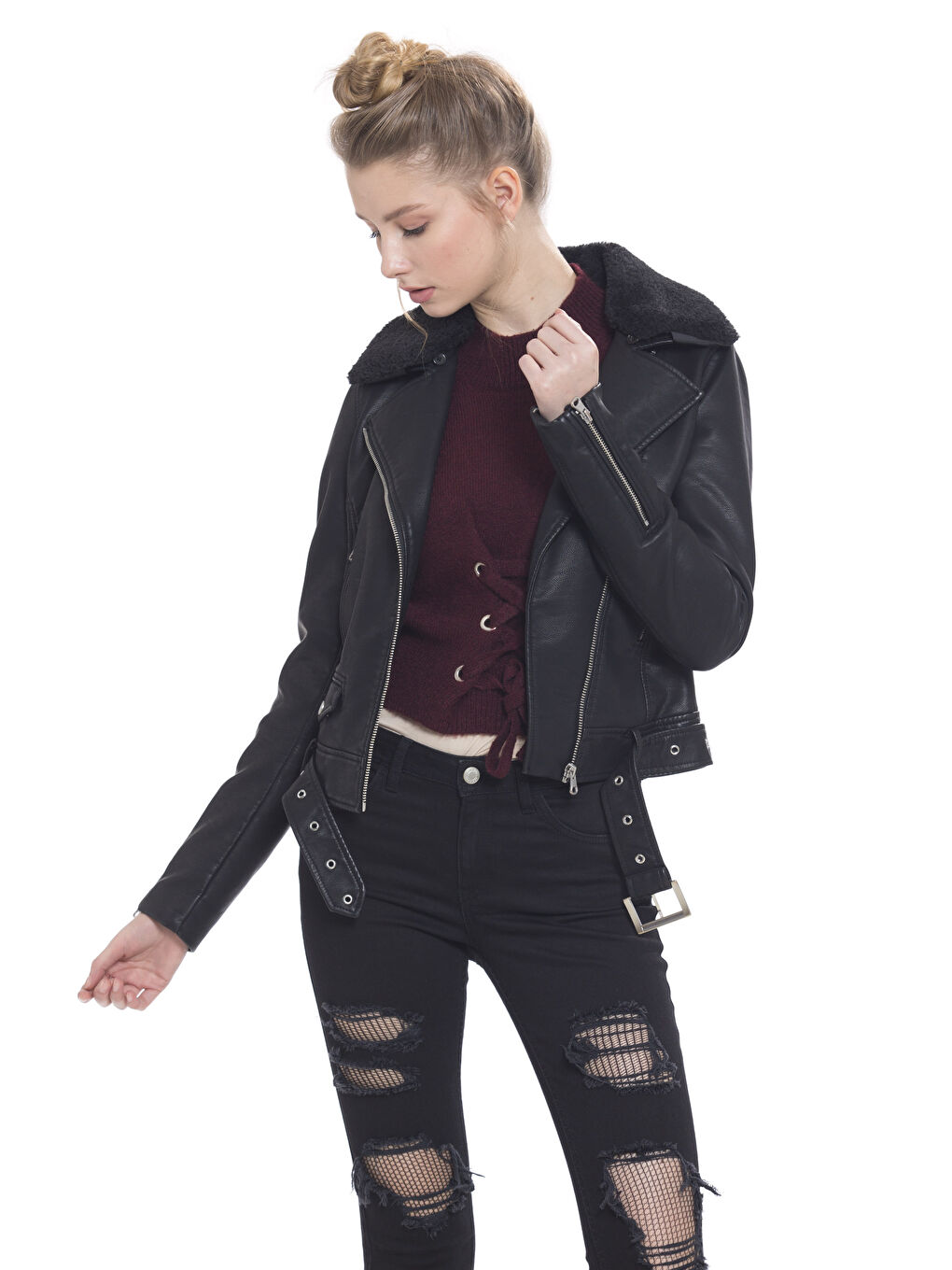 Yeni Siyah Deri Görünümlü Mont-1